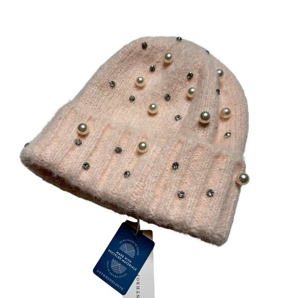 Anthropologie Accessories - MAEVE ANTHROPOLOGIE Pink Embellished Rhinestone Pearl Cuffed Beanie Hat NWT